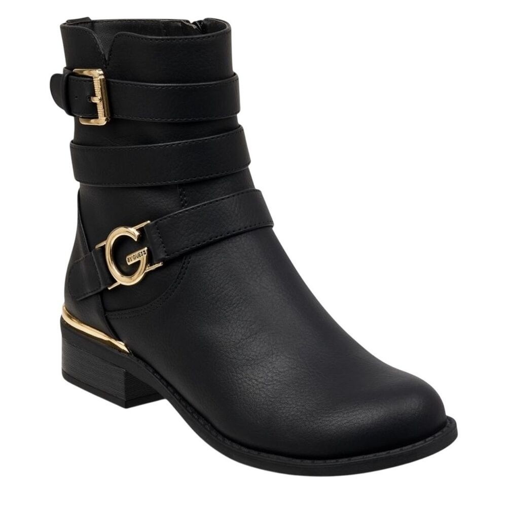 G by GUESS Harlin Moto Ankle Boots Women 9.5 Black Gold Buckle Straps - Picture 3 of 10